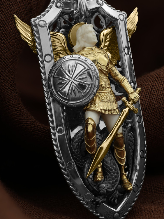 Нательная икона из белого золота 585 пробы c эмалью и бивнем мамонта