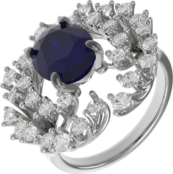 Кольцо из белого золота 585 пробы c бриллиантами и сапфиром