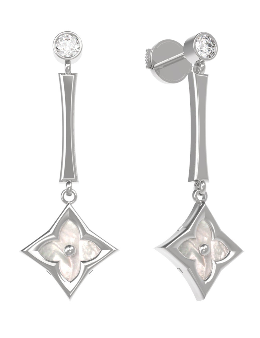 Серьги из белого золота c фианитом и перламутром