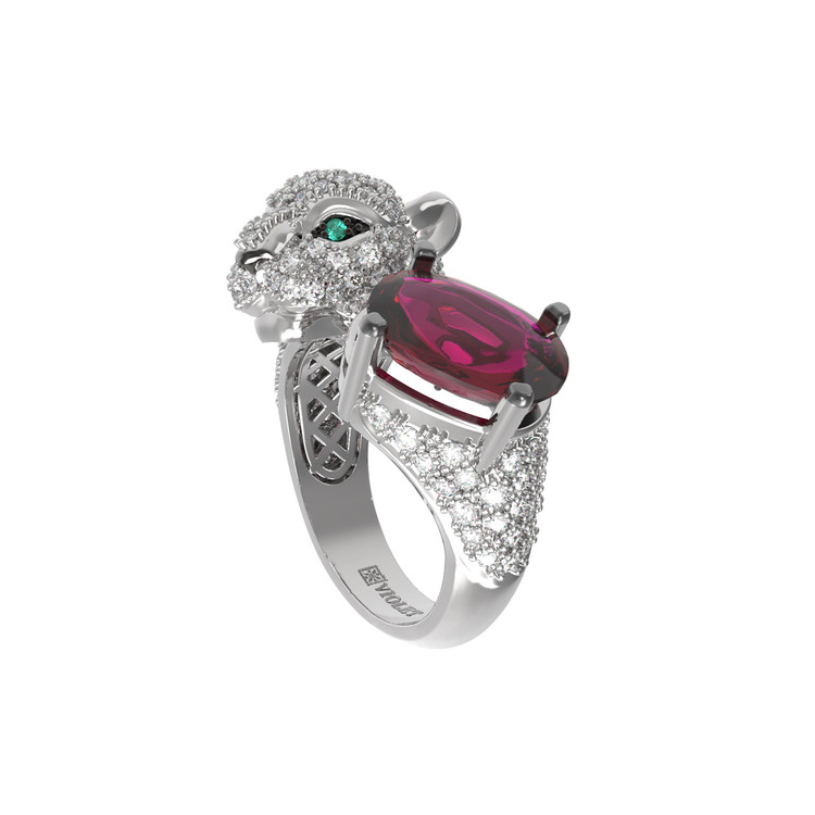 Кольцо из белого золота 585 пробы c бриллиантами, рубином и изумрудом