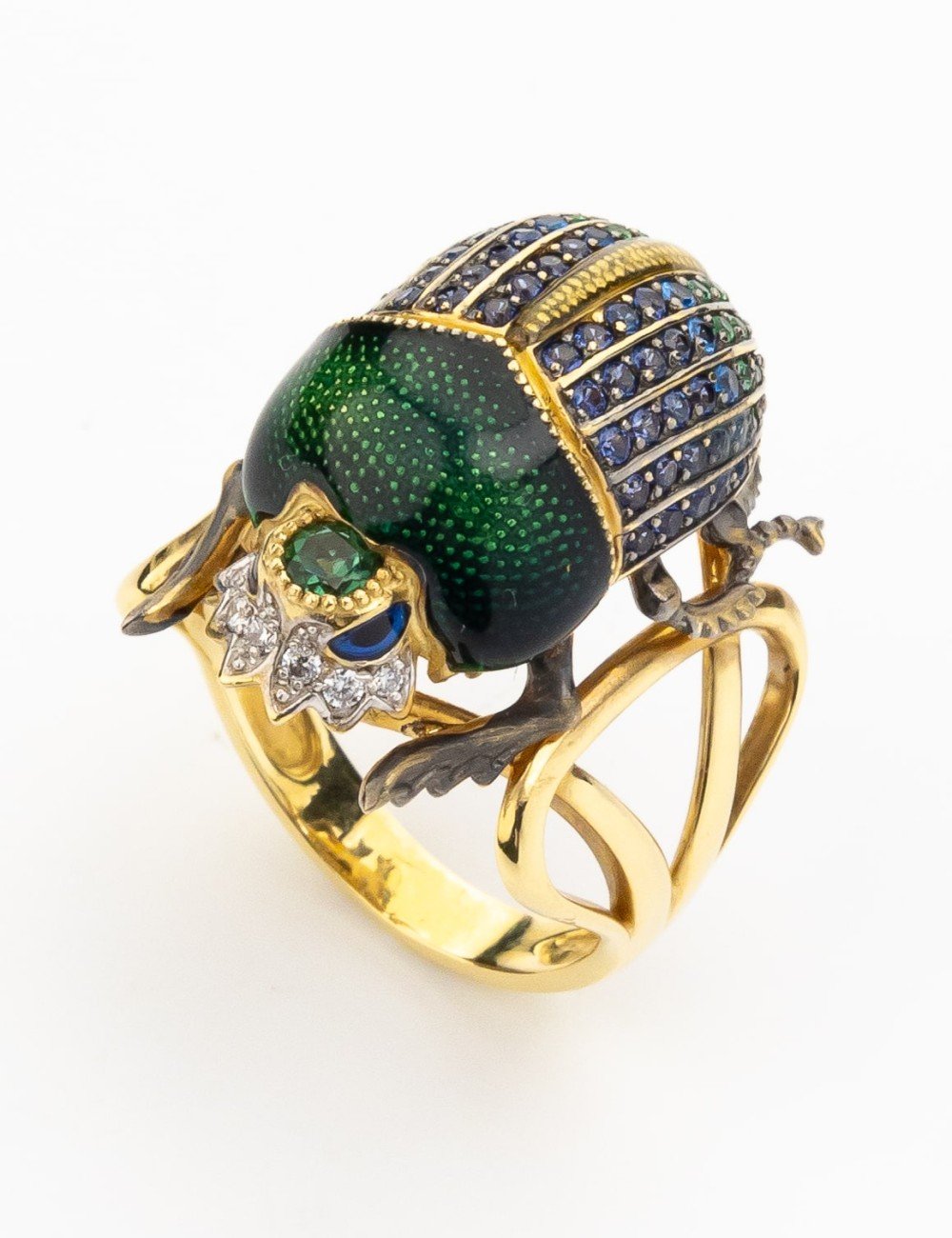 Кольцо из лимонного золота c эмалью, фианитом и турмалином