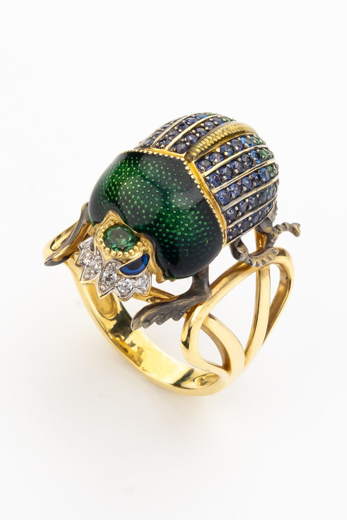 Кольцо из лимонного золота 585 пробы c эмалью, фианитом и турмалином