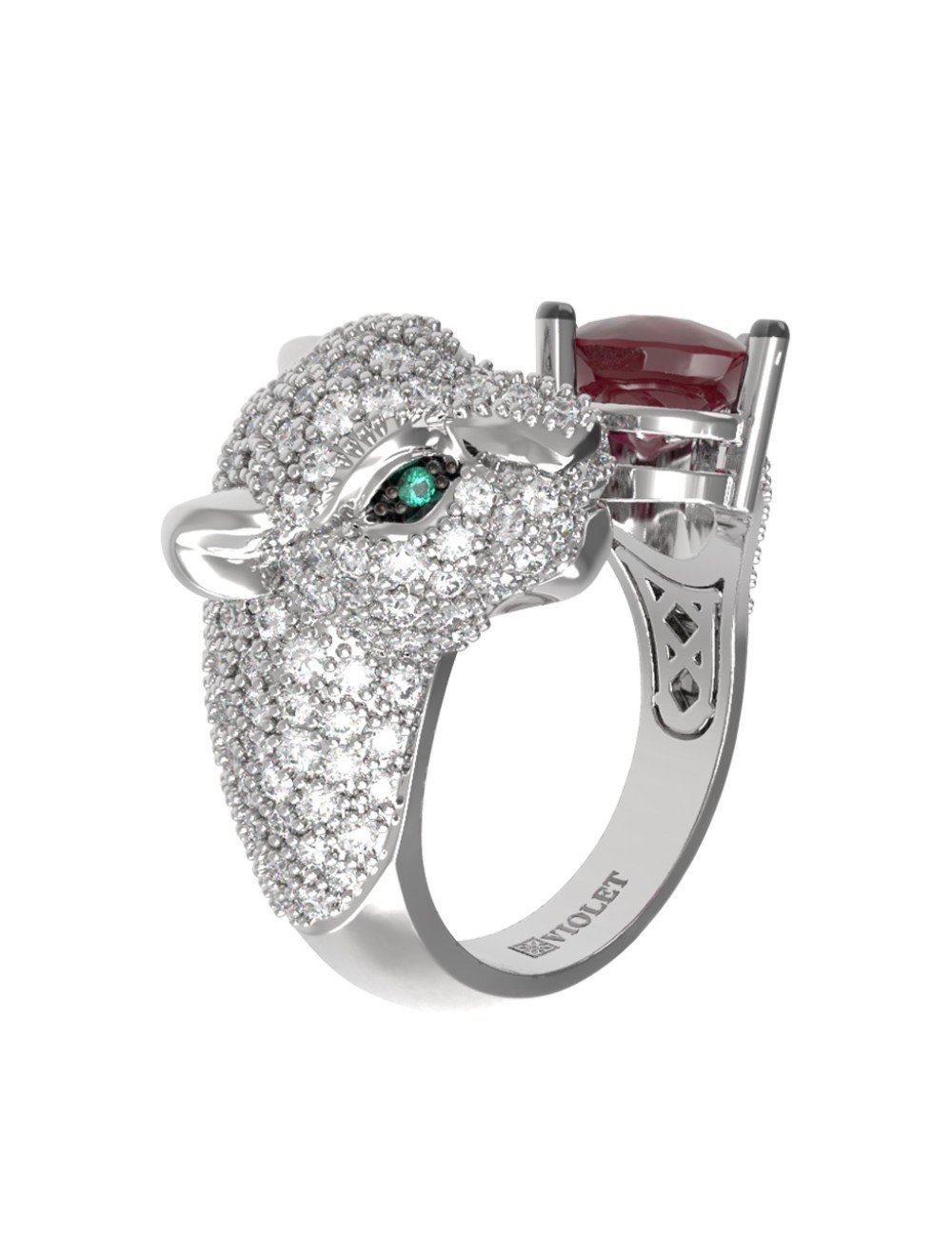 Кольцо из белого золота c бриллиантами, рубином и изумрудом