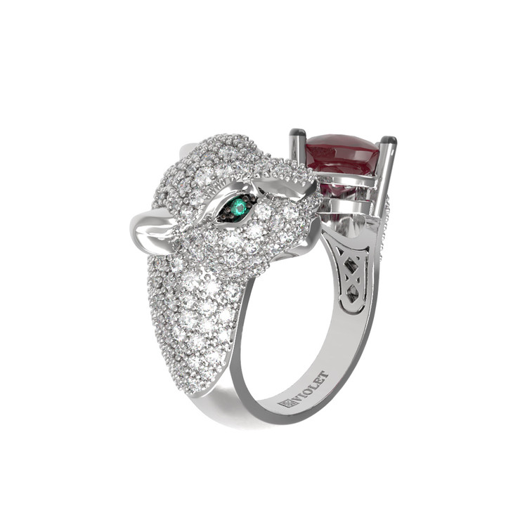 Кольцо из белого золота 585 пробы c бриллиантами, рубином и изумрудом