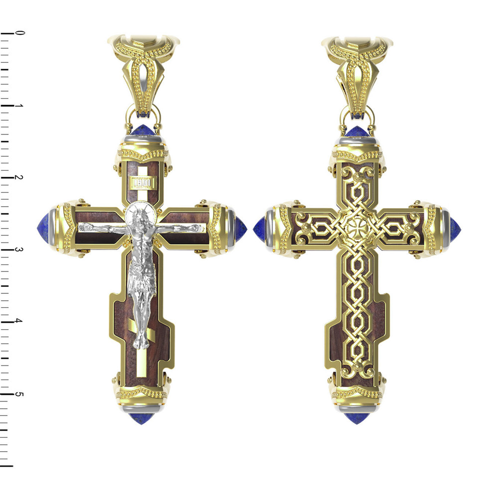 Крест из лимонного золота 585 пробы c лазуритом и железным деревом