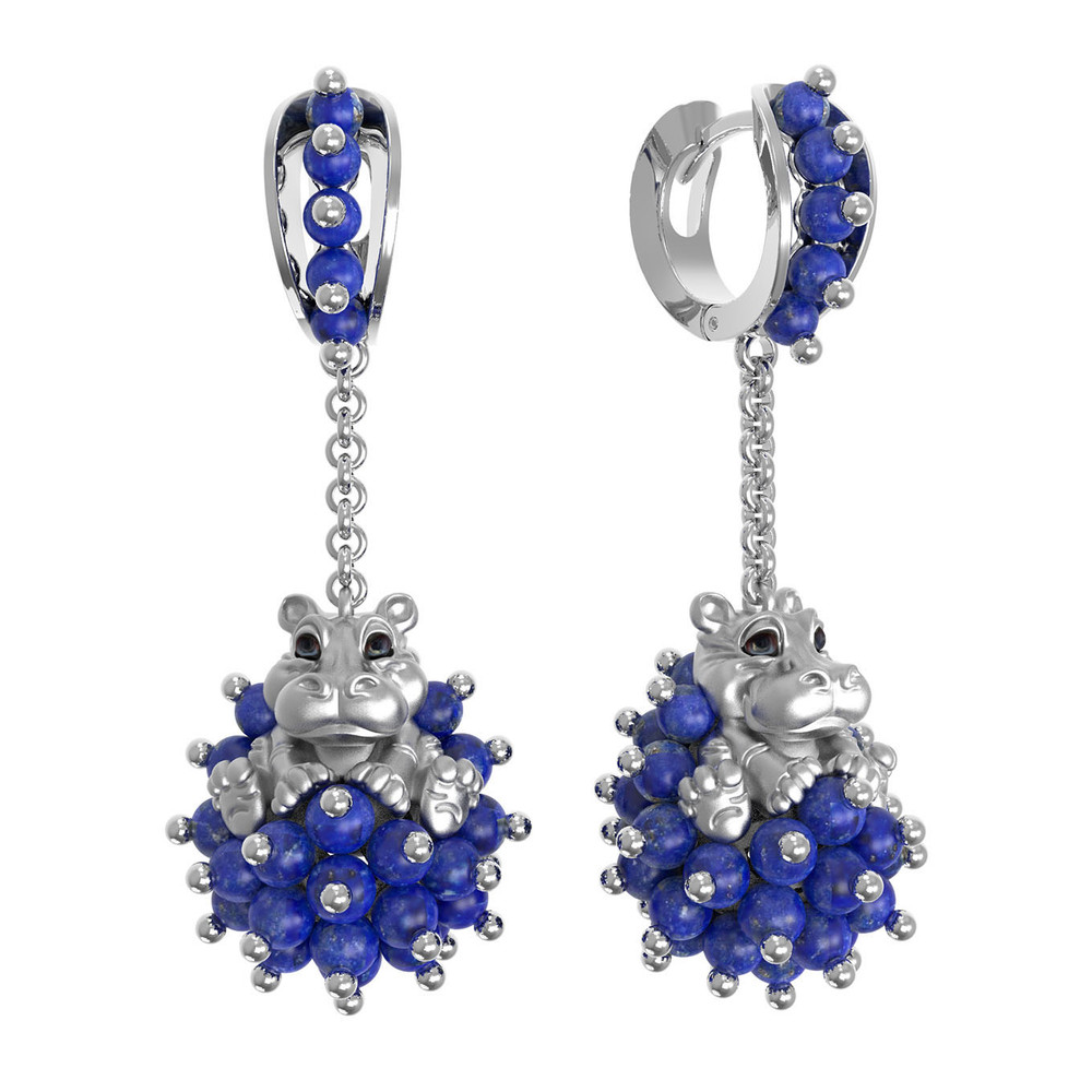 Серьги из белого золота 585 пробы c эмалью и лазуритом