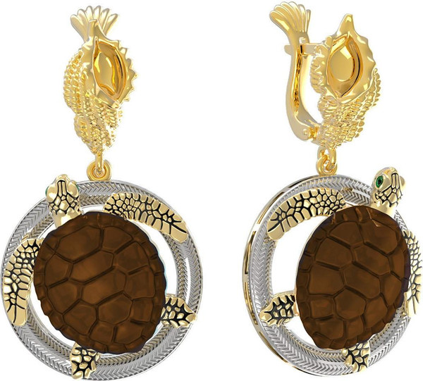 Серьги из лимонного золота 585 пробы c эмалью и железным деревом