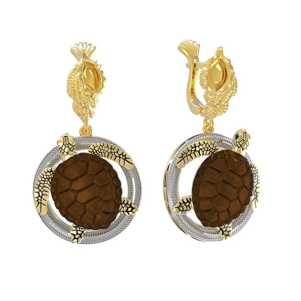 Серьги из лимонного золота 585 пробы c эмалью и железным деревом