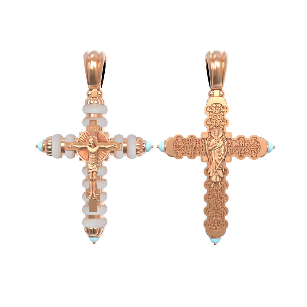 Крест из красного золота 585 пробы c бирюзой и кахолонгом