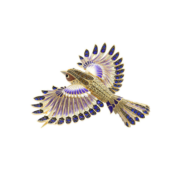 Брошь из лимонного золота 585 пробы c эмалью и фианитом