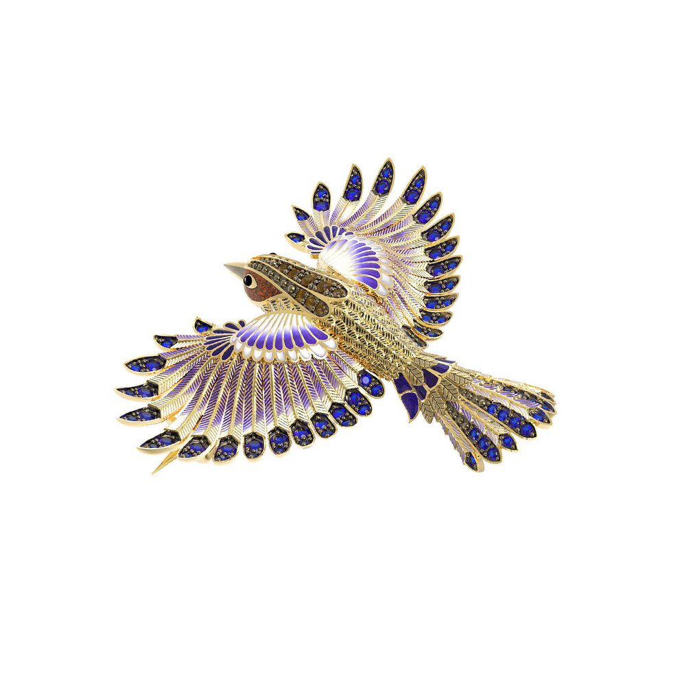 Брошь из лимонного золота 585 пробы c эмалью и фианитом