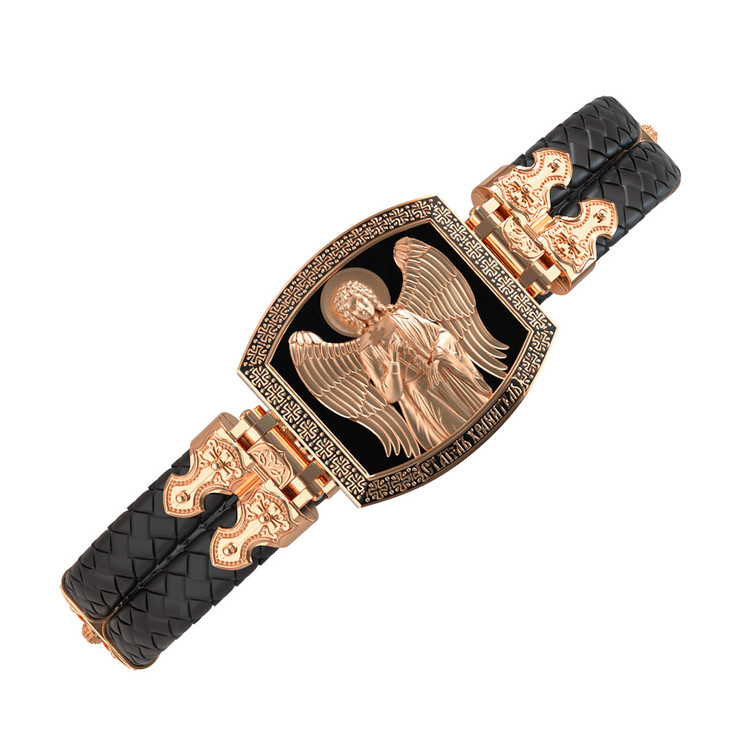 Браслет из красного золота 585 пробы c эмалью, шнурком и ониксом