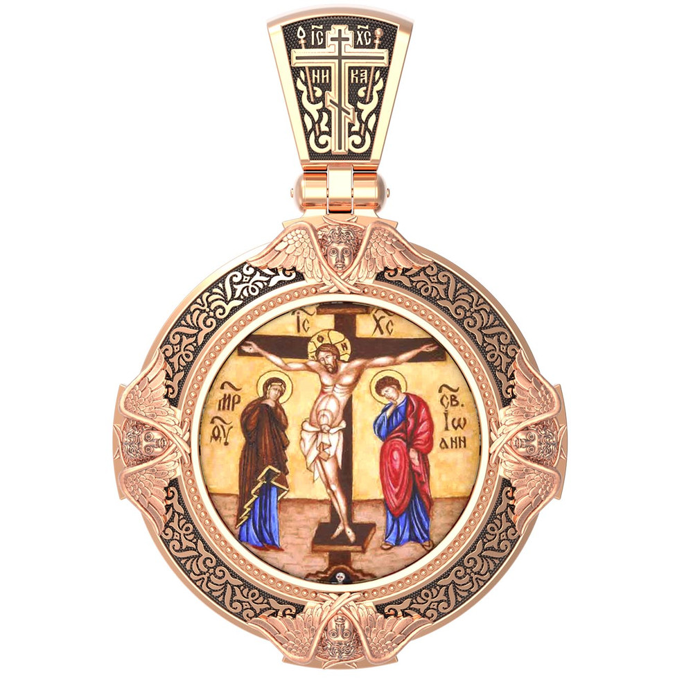 Нательная икона из красного золота 585 пробы c эмалью, иконописью и темперой