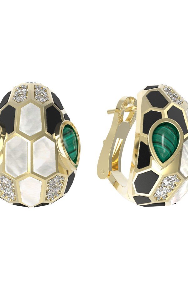 Серьги из лимонного золота c бриллиантами, рубином, ониксом, малахитом и перламутром