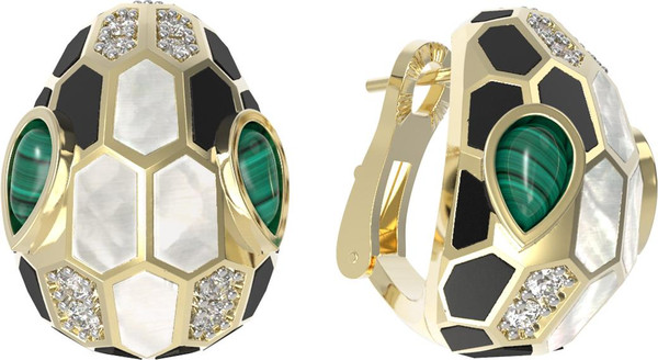 Серьги из лимонного золота 585 пробы c бриллиантами, рубином, ониксом, малахитом и перламутром