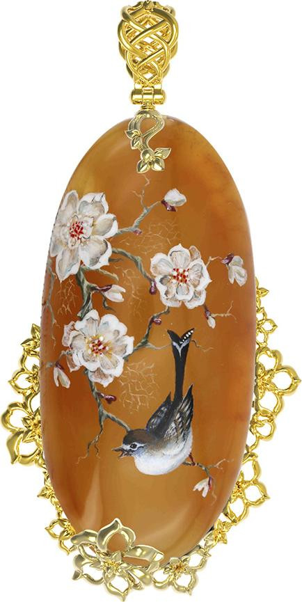 Подвеска из лимонного золота 585 пробы c росписным янтарём