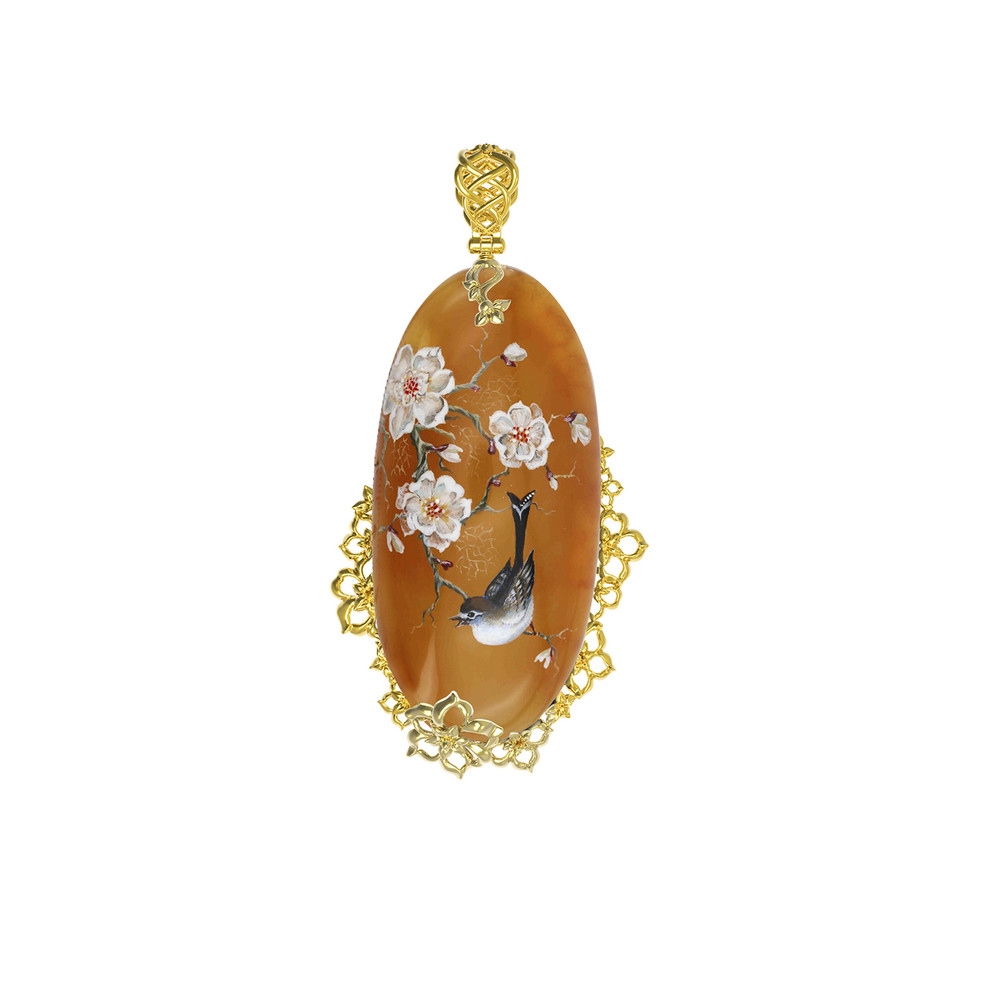 Подвеска из лимонного золота 585 пробы c росписным янтарём