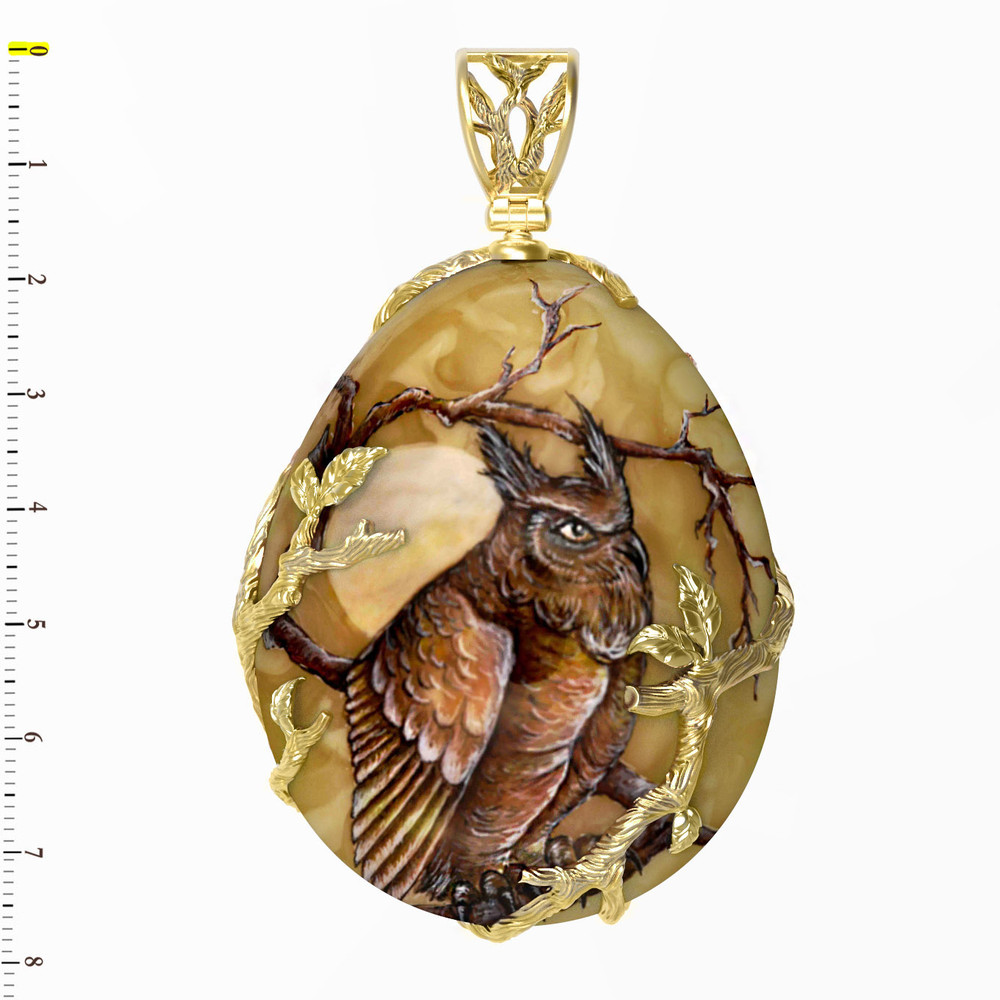 Подвеска из лимонного золота 585 пробы c росписным янтарём