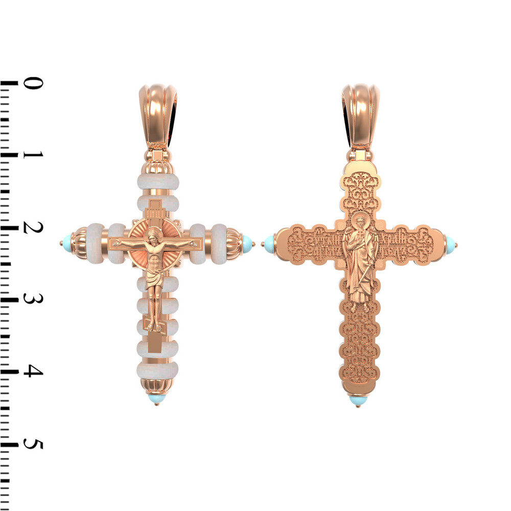 Крест из красного золота 585 пробы c бирюзой и кахолонгом