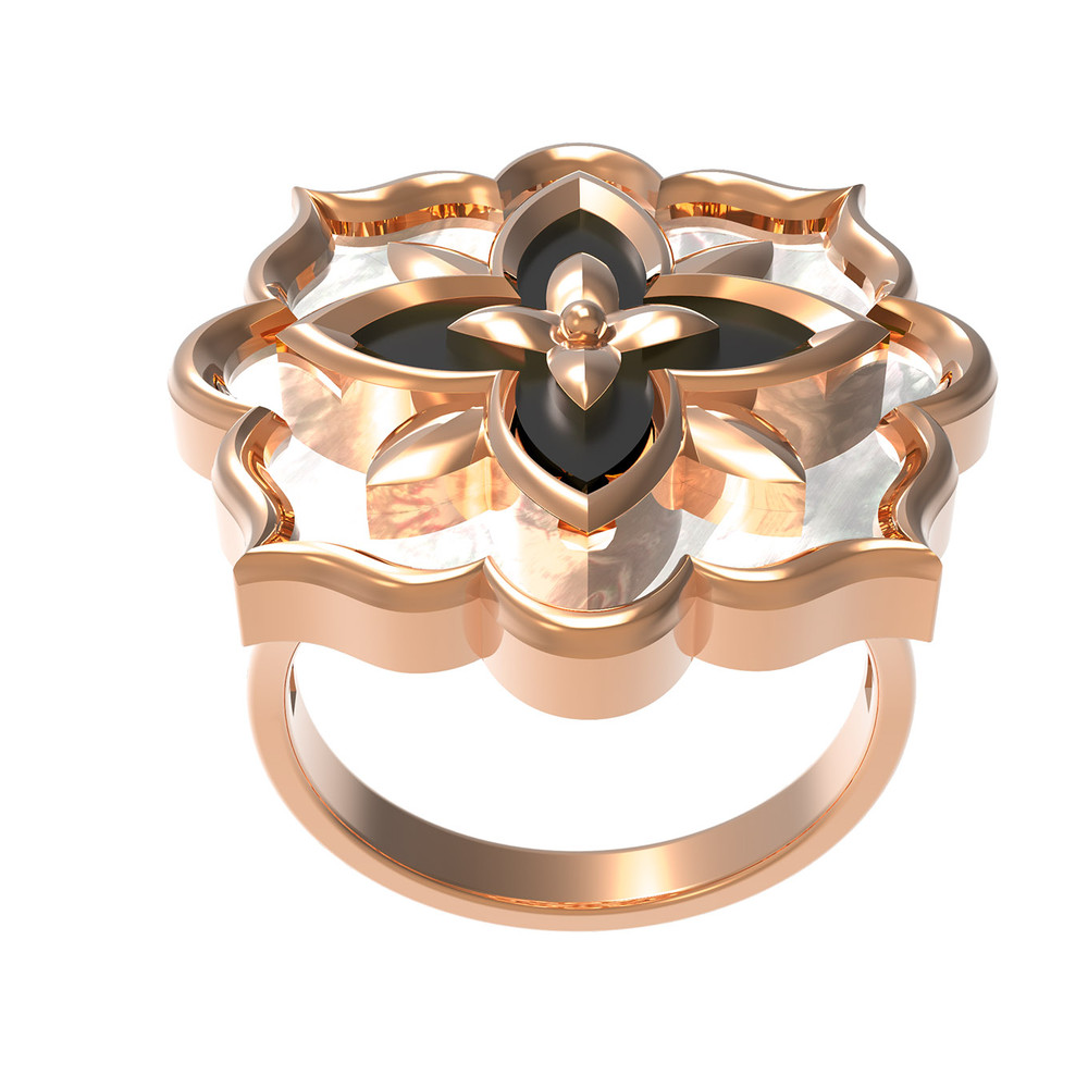 Кольцо из красного золота 585 пробы c ониксом и перламутром