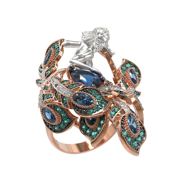 Кольцо из красного золота 585 пробы c фианитом и топазом London Blue