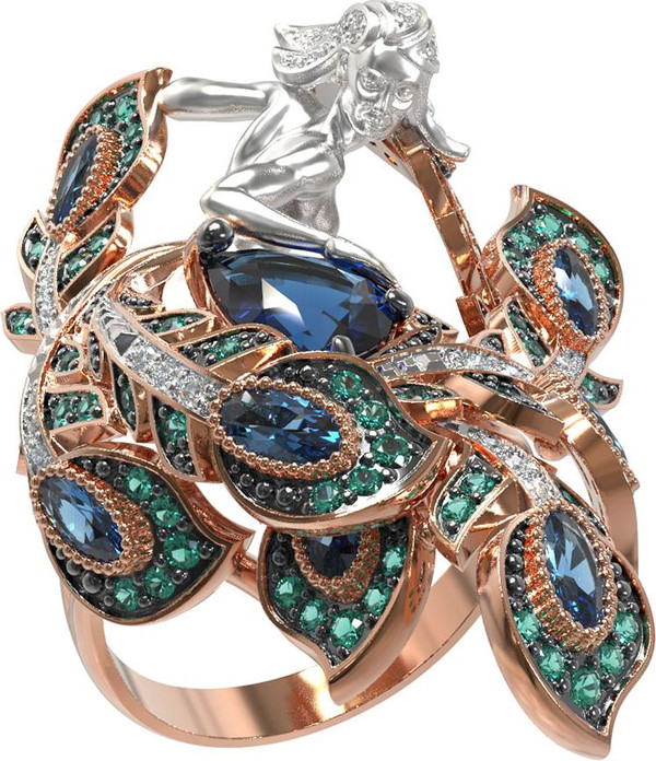 Кольцо из красного золота 585 пробы c фианитом и топазом London Blue