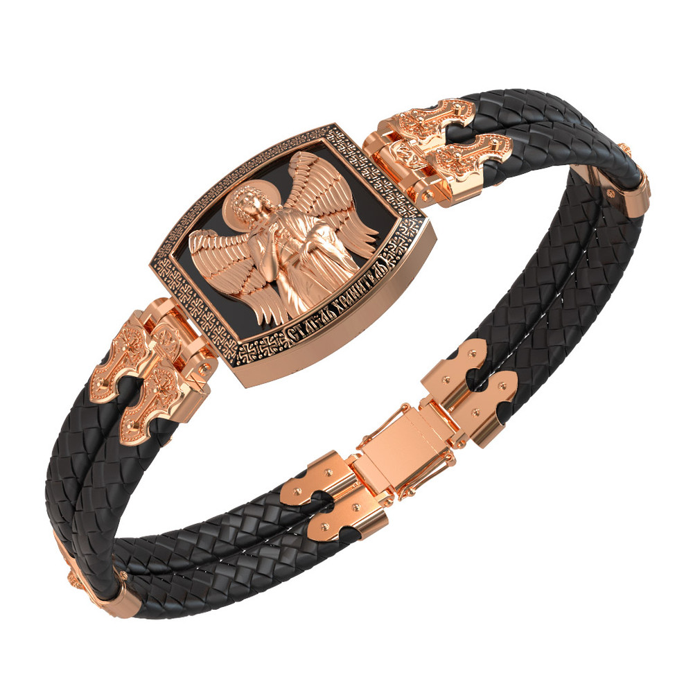 Браслет из красного золота 585 пробы c эмалью, шнурком и ониксом