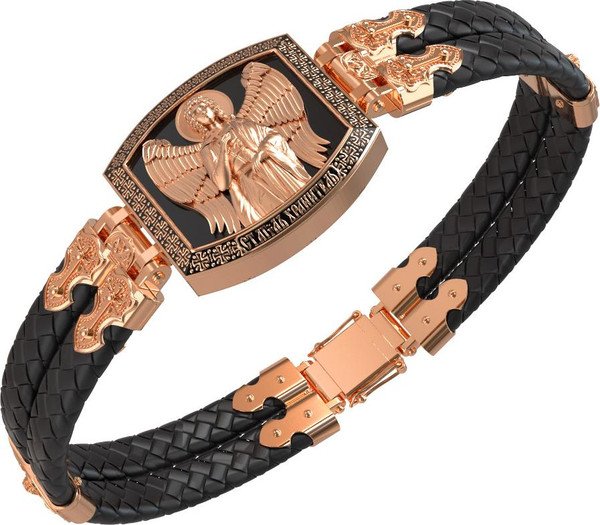 Браслет из красного золота 585 пробы c эмалью, шнурком и ониксом