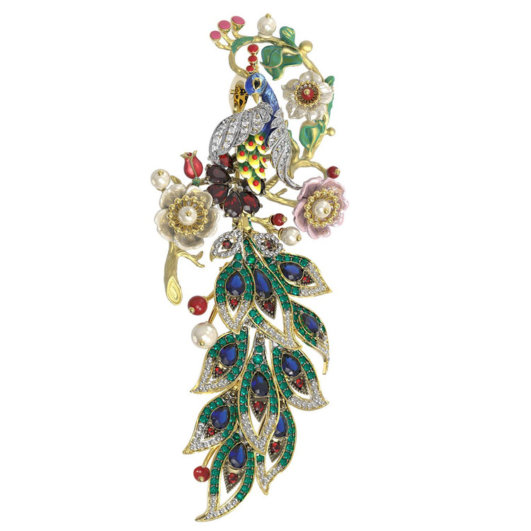 Брошь-подвеска из лимонного золота 585 пробы c эмалью, фианитом, гранатом, жемчугом, сапфиром, кораллом и перламутром