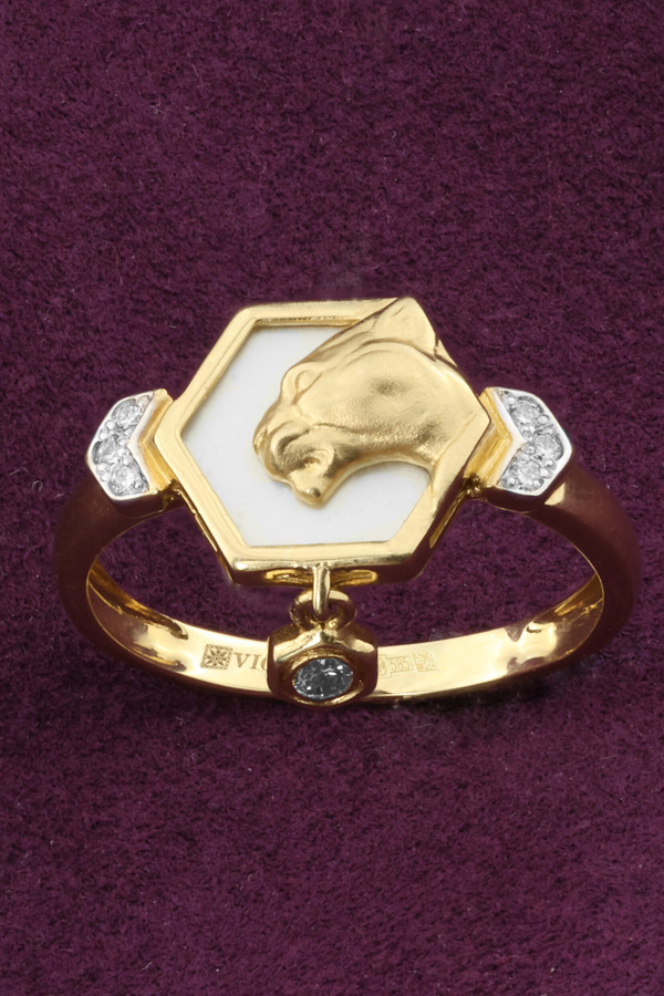 Кольцо из лимонного золота 585 пробы c бриллиантами и перламутром