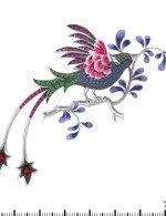 Брошь из белого золота c эмалью, фианитом и гранатом