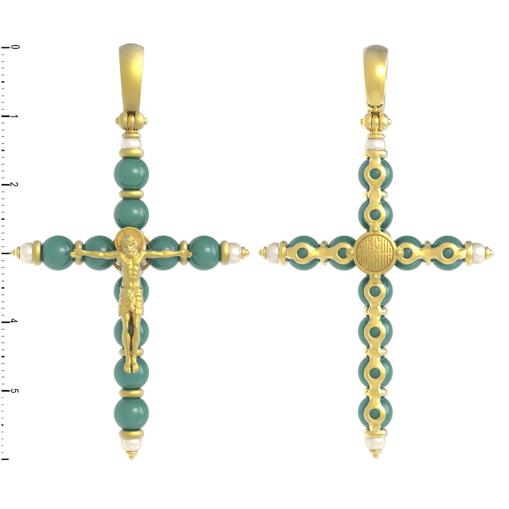 Крест из лимонного золота 585 пробы c жемчугом и бирюзой