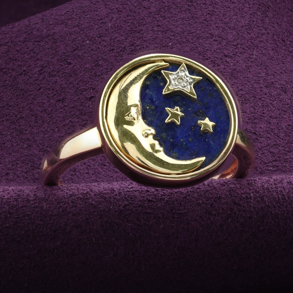 Кольцо из лимонного золота 585 пробы c бриллиантами и лазуритом