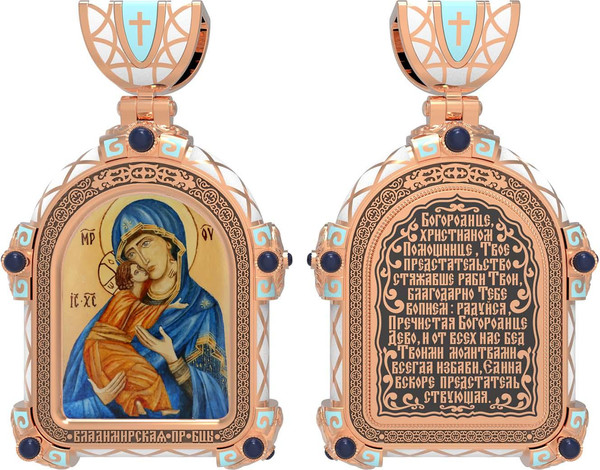 Нательная икона из красного золота 585 пробы c эмалью, иконописью и темперой