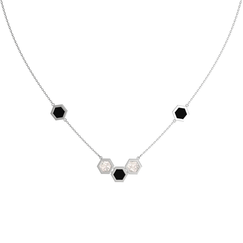 Колье из белого золота 585 пробы c ониксом и перламутром