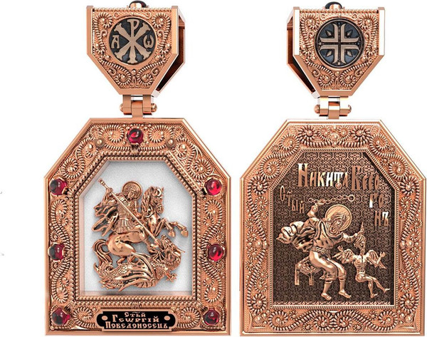 Нательная икона из красного золота 585 пробы c эмалью и рубином