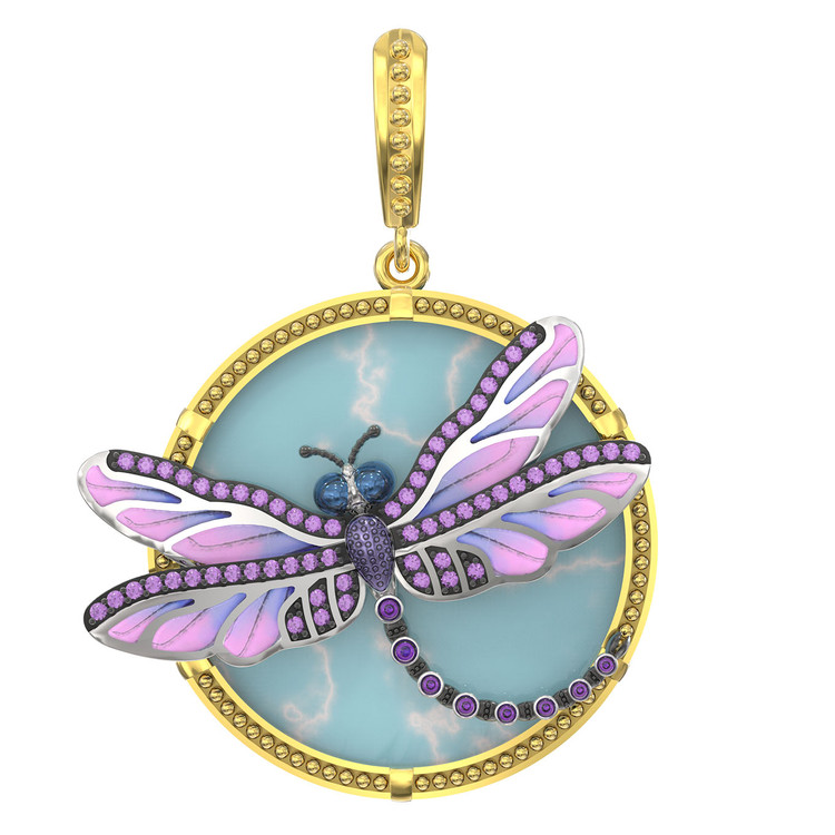 Подвеска из лимонного золота 585 пробы c бирюзой, аметистом и эмалью