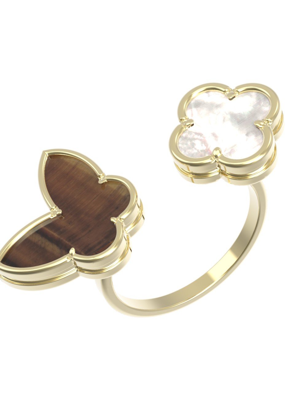 Кольцо из лимонного золота c тигровым глазом и перламутром