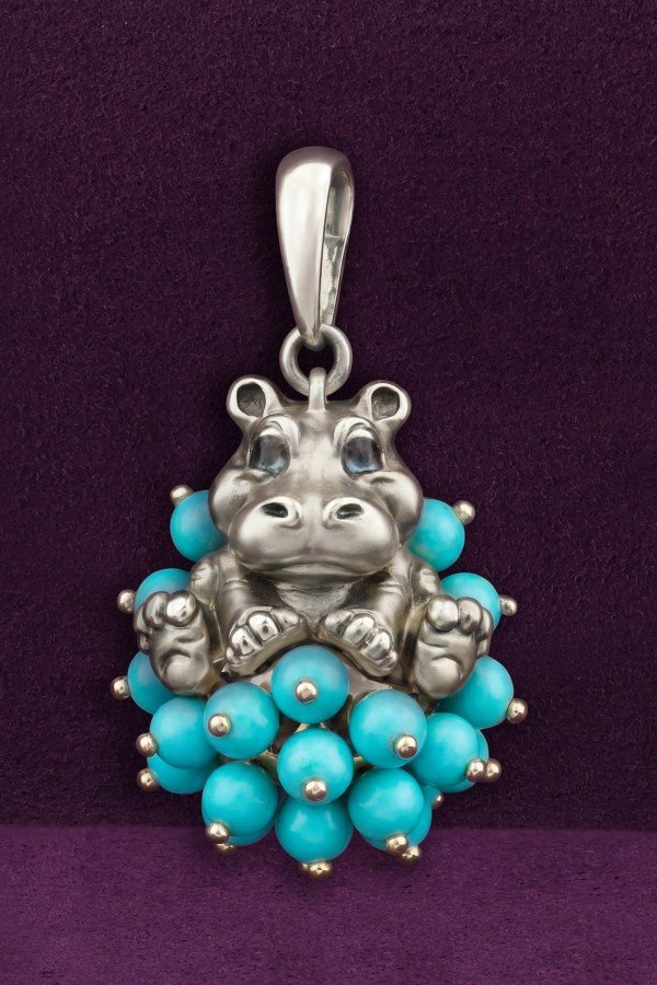 Подвеска из белого золота 585 пробы c эмалью и бирюзой