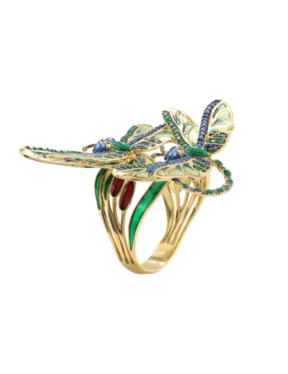 Кольцо из лимонного золота c сапфиром, изумрудом и эмалью