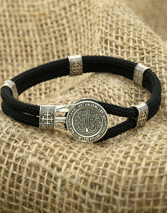 Браслет из серебра 925 пробы и золота 750 пробы c шёлковым шнурком