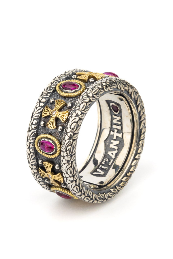 Кольцо из серебра 925 пробы и золота 750 пробы c бриллиантами, рубином и рубином