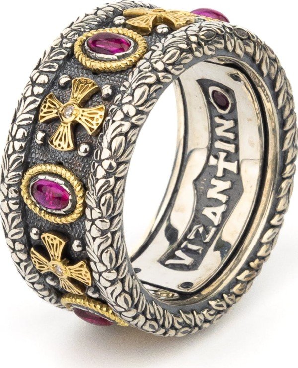 Кольцо из серебра и золота c бриллиантами, рубином и рубином