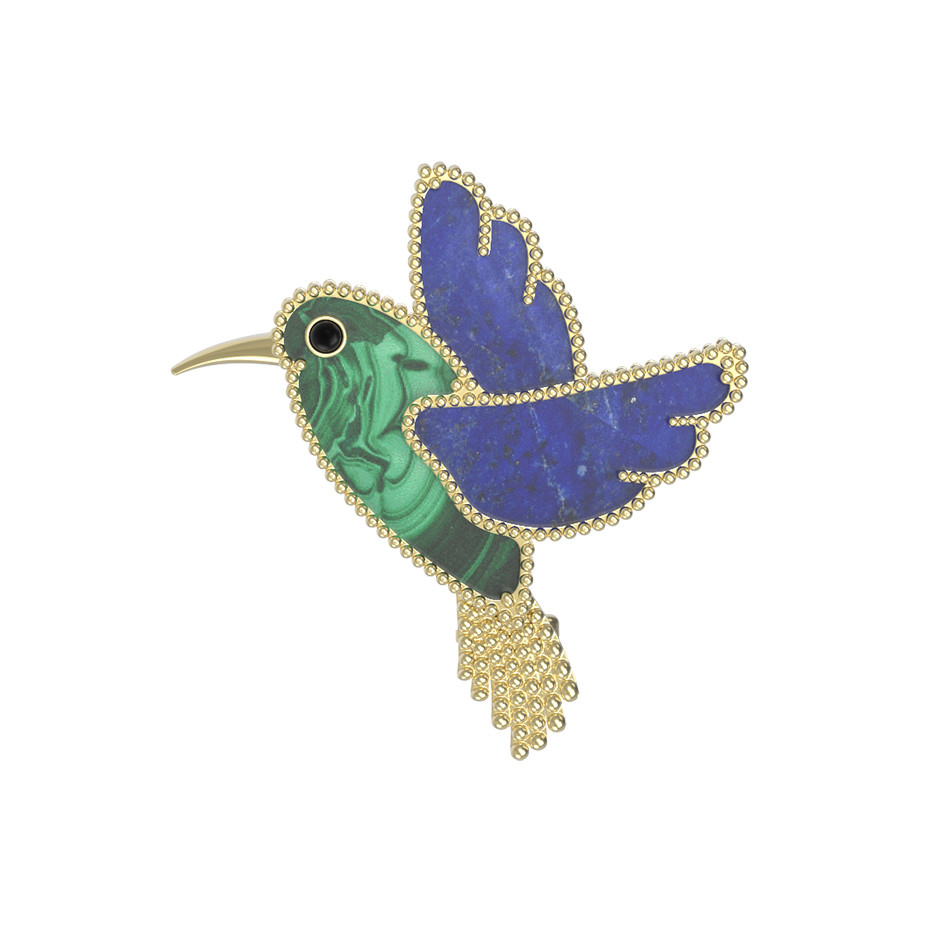 Брошь-подвеска из лимонного золота 585 пробы c эмалью, лазуритом и малахитом