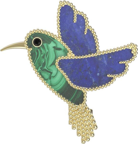 Брошь-подвеска из лимонного золота 585 пробы c эмалью, лазуритом и малахитом