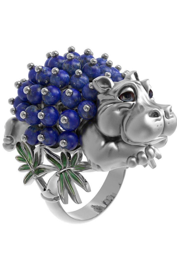 Кольцо из белого золота c эмалью и лазуритом