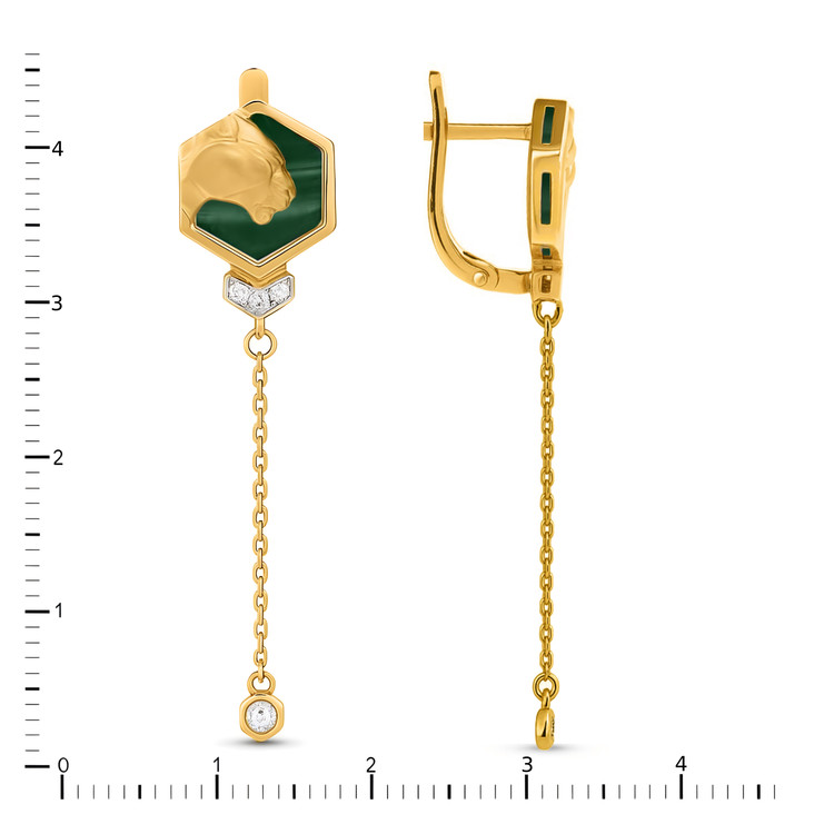 Серьги из лимонного золота 585 пробы c бриллиантами и малахитом