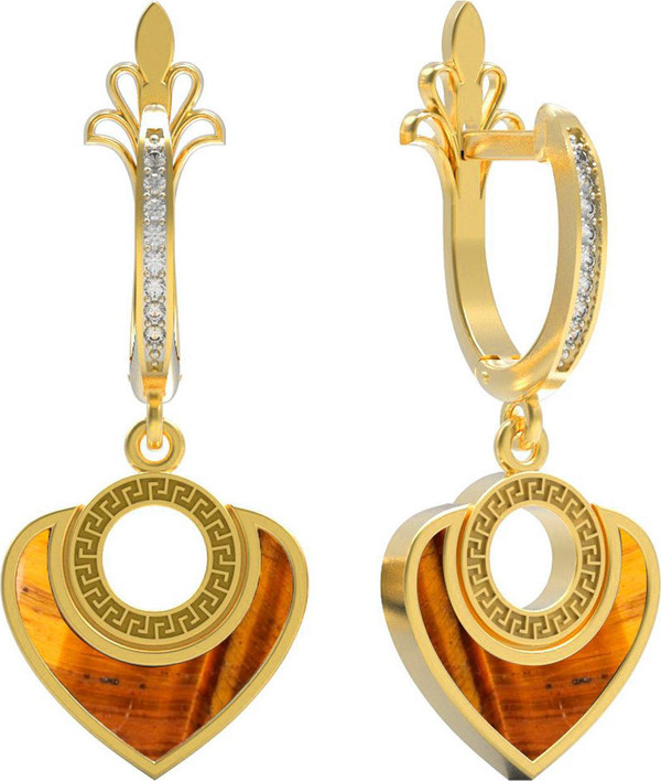 Серьги из лимонного золота 585 пробы c фианитом и тигровым глазом