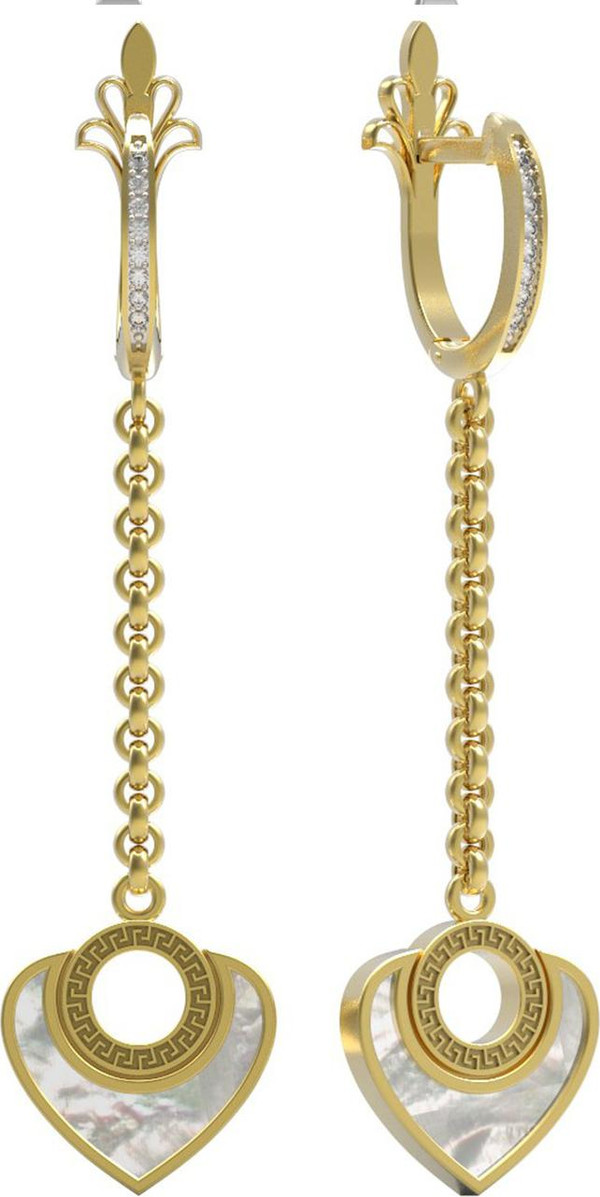 Серьги из лимонного золота 585 пробы c фианитом и перламутром