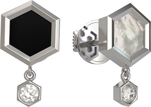 Серьги из белого золота c бриллиантами, ониксом и перламутром